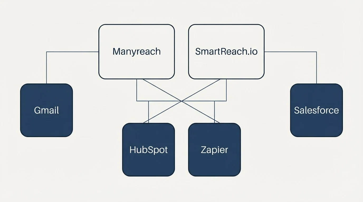 Integration grid: Integration Ecosystem (Manyreach, SmartReach.io, HubSpot, Zapier)