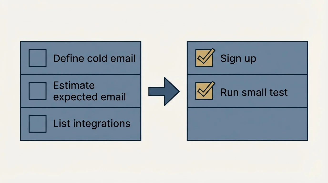 Before-and-after steps: Getting Started Checklist (Define cold email, Estimate expected email, List integrations, Sign up)