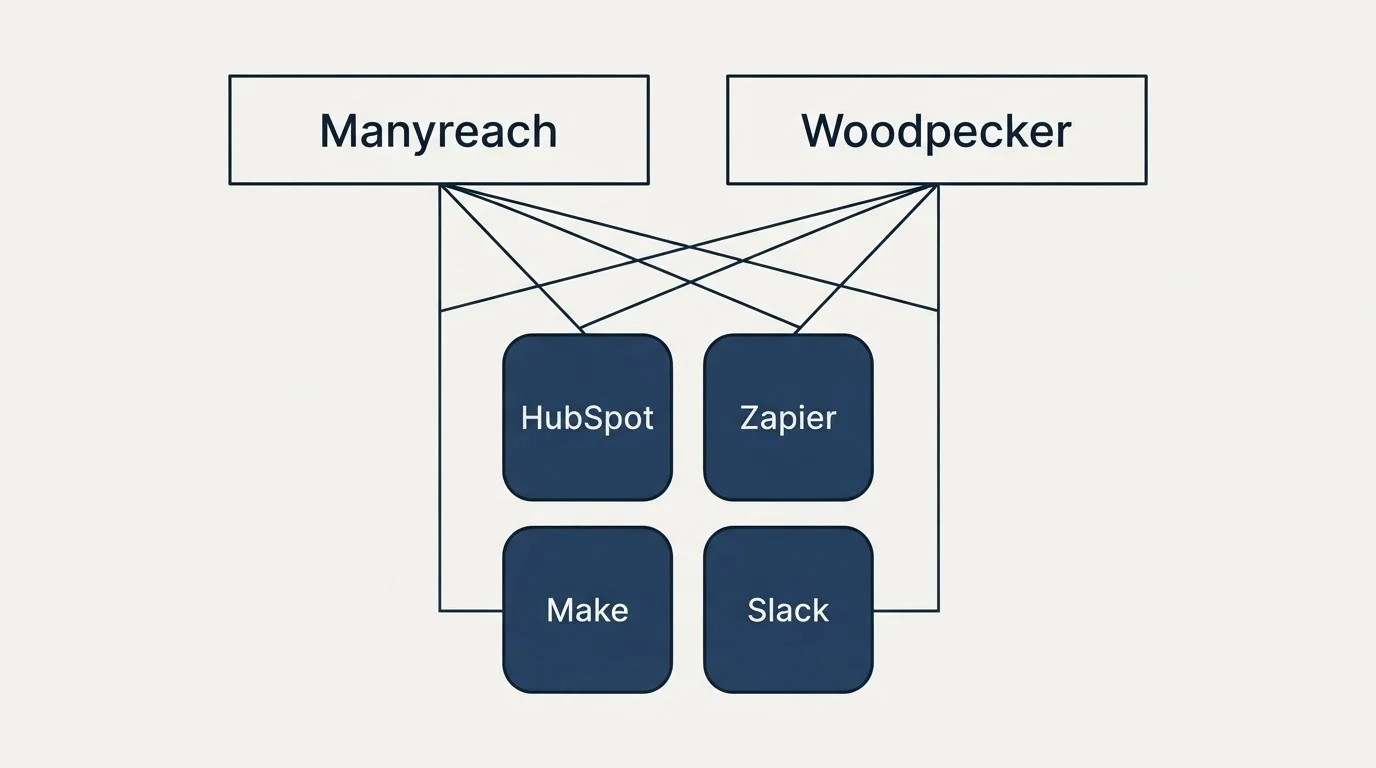 Integration grid: Integration Ecosystem (Manyreach, Woodpecker, HubSpot, Zapier)