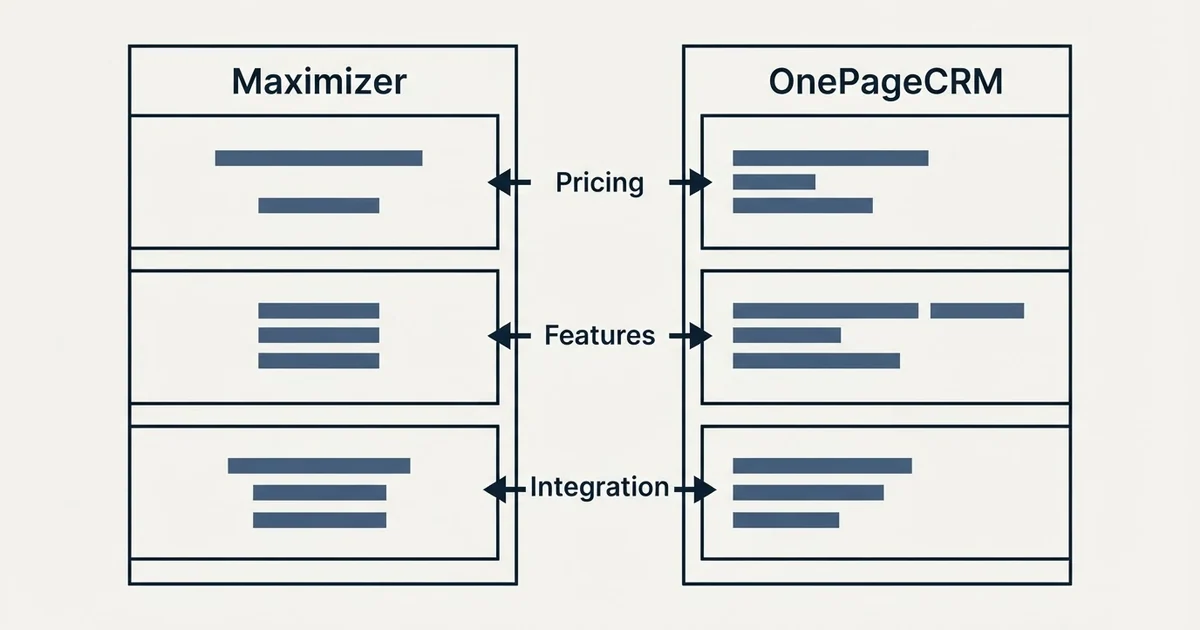 Comparison panel: Maximizer vs OnePageCRM (Pricing, Features, Integration)