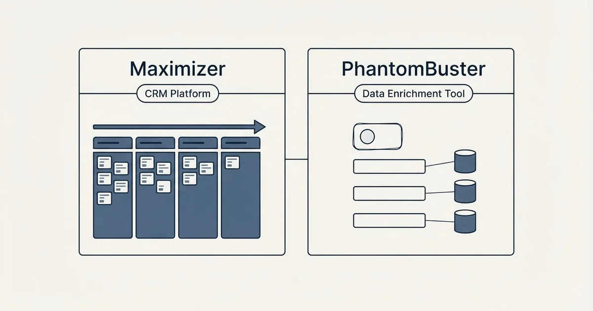 Side-by-side panels: Maximizer vs PhantomBuster (CRM Platform, Data Enrichment Tool)