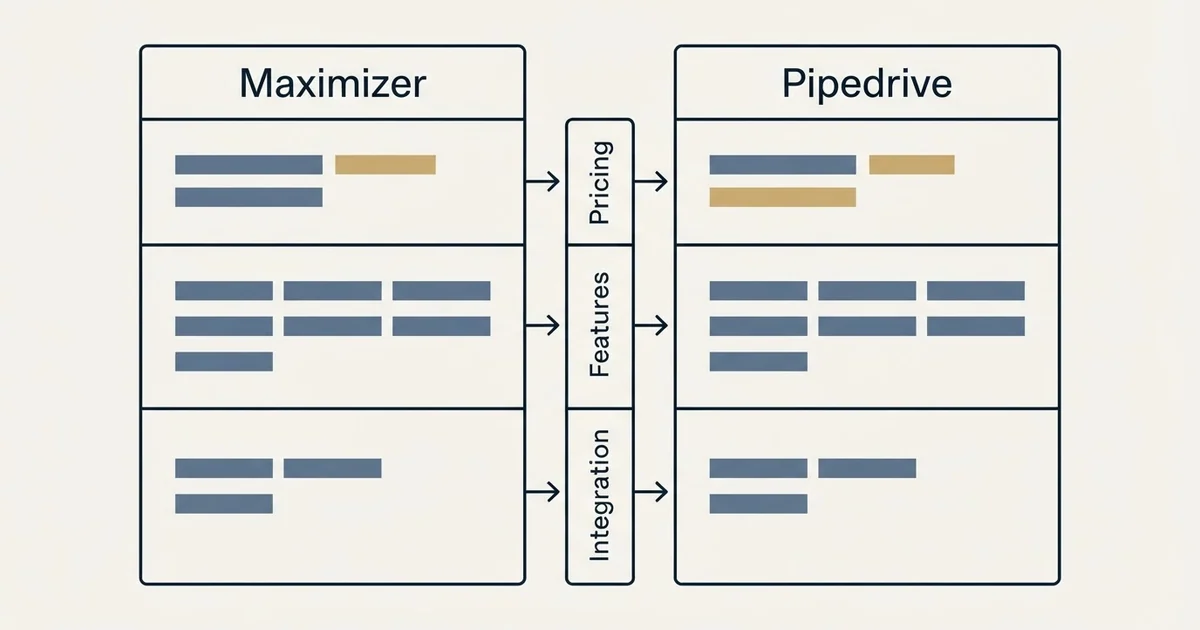 Comparison panel: Maximizer vs Pipedrive (Pricing, Features, Integration)