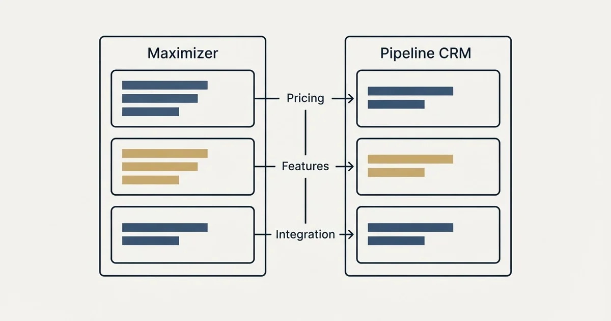 Comparison panel: Maximizer vs Pipeline CRM (Pricing, Features, Integration)