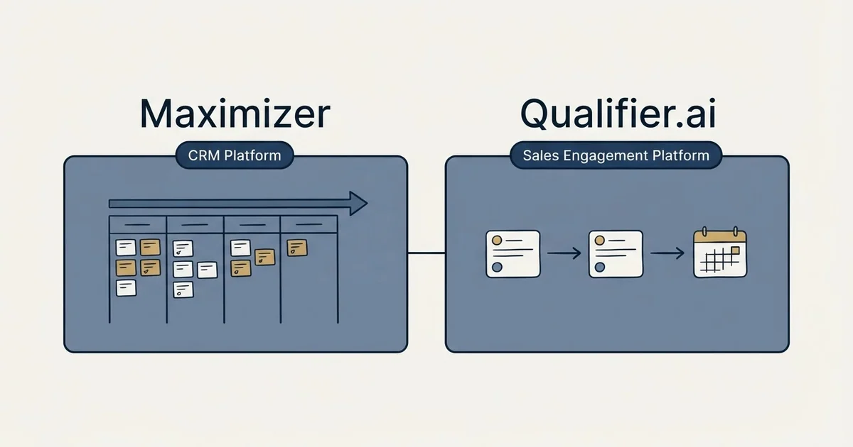 Side-by-side panels: Maximizer vs Qualifier.ai (CRM Platform, Sales Engagement Platform)