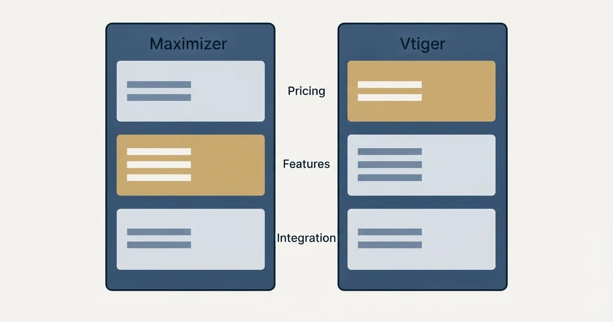 Comparison panel: Maximizer vs Vtiger (Pricing, Features, Integration)