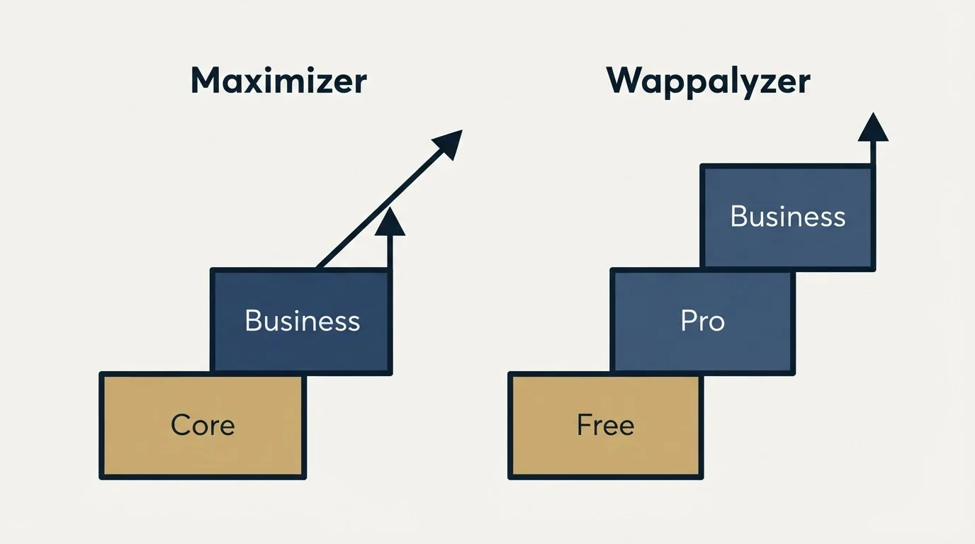 Pricing ladder: Pricing Comparison (Maximizer, Wappalyzer, Core, Free)