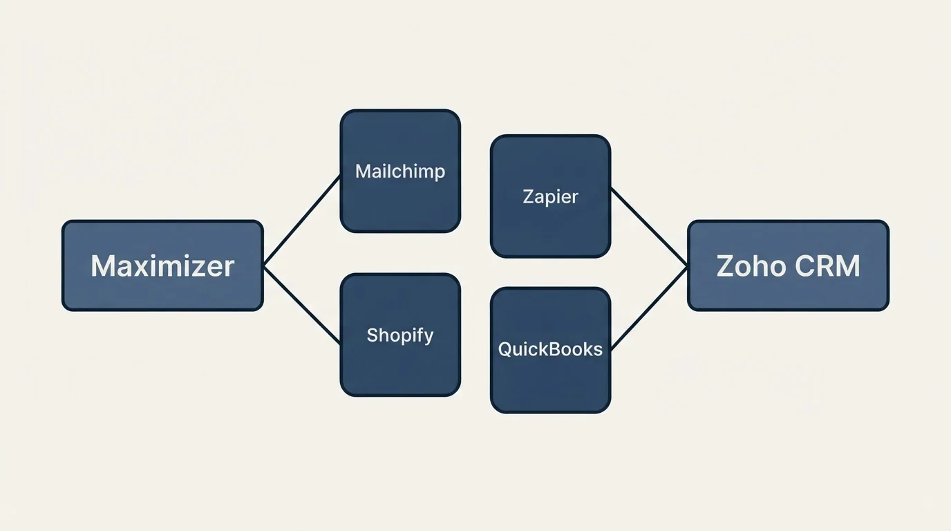 Integration schematic: Integration Ecosystem (Maximizer, Zoho CRM, Mailchimp, Zapier)