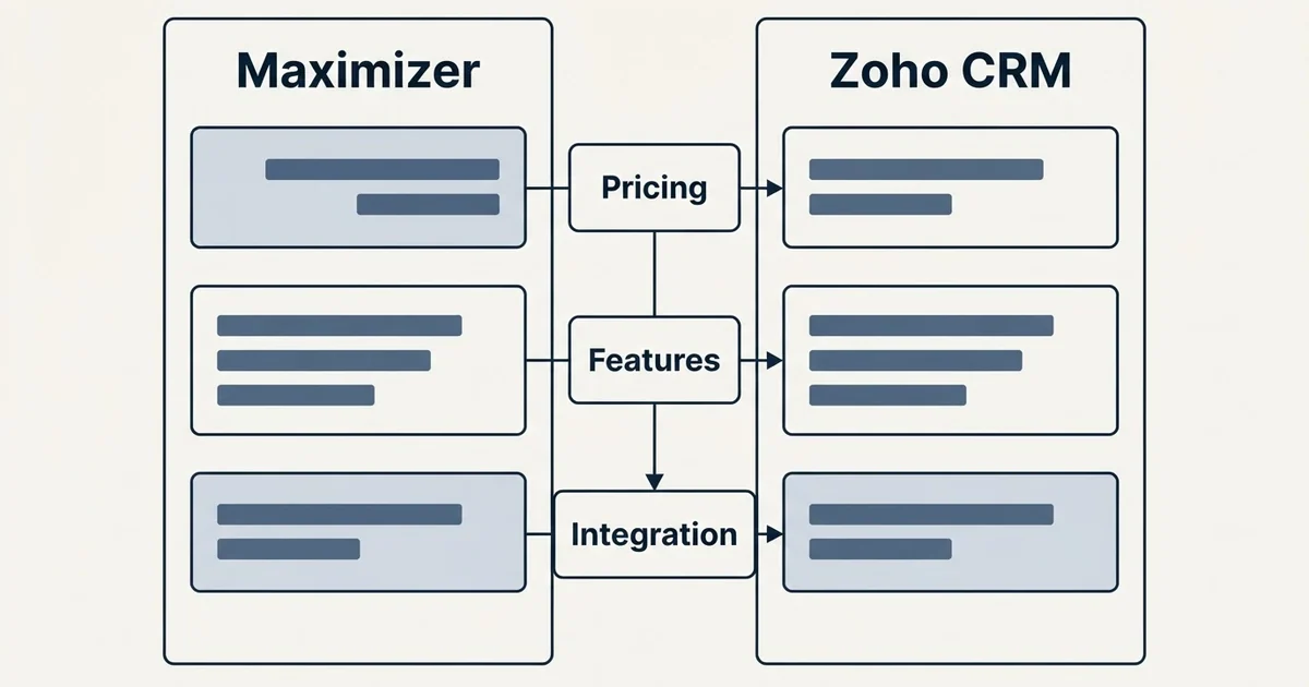 Comparison panel: Maximizer vs Zoho CRM (Pricing, Features, Integration)