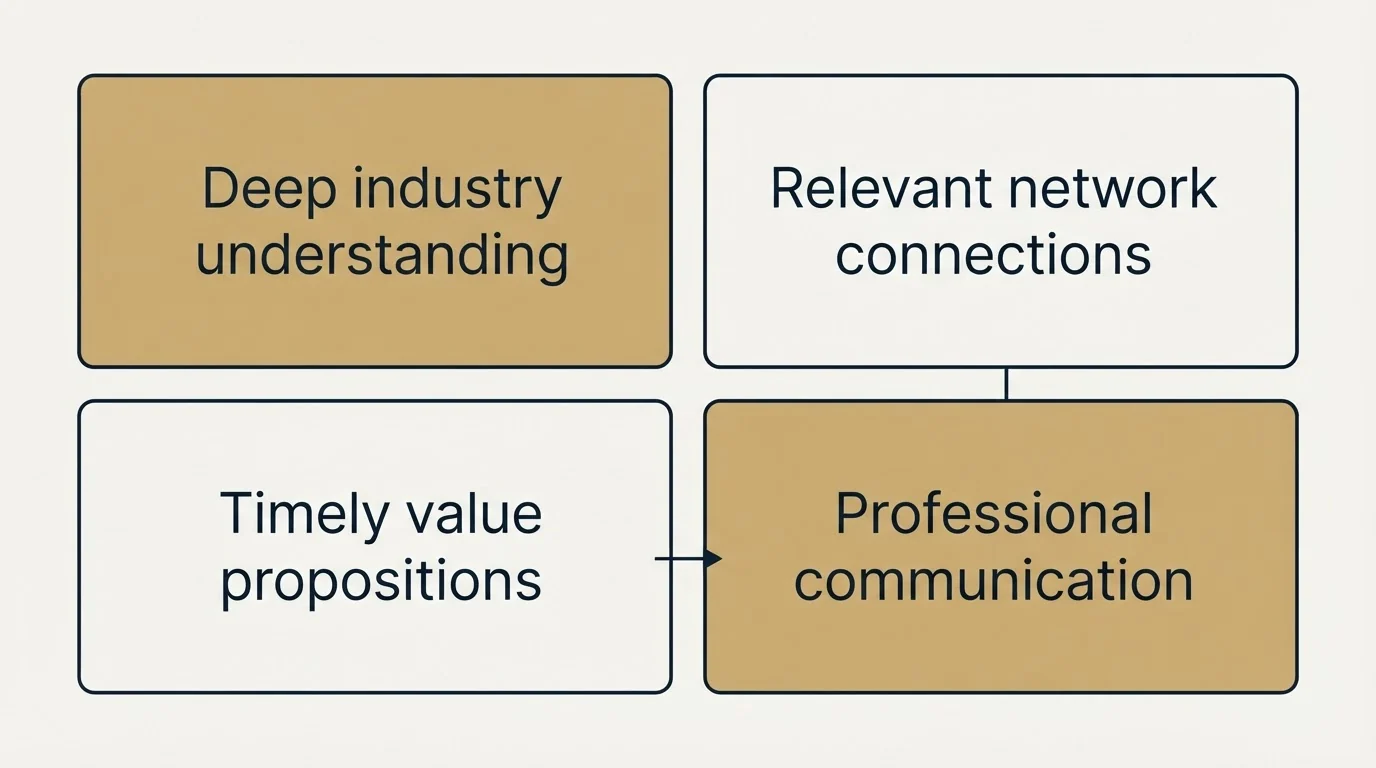 Schematic: What Top Performers Do Differently (Deep industry understanding, Relevant network connections, Timely value propositions, Professional communication)