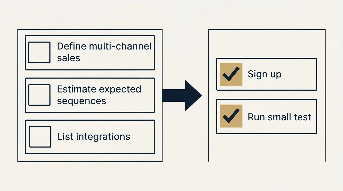 Before-and-after steps: Getting Started Checklist (Define multi-channel sales, Estimate expected sequences, List integrations, Sign up)