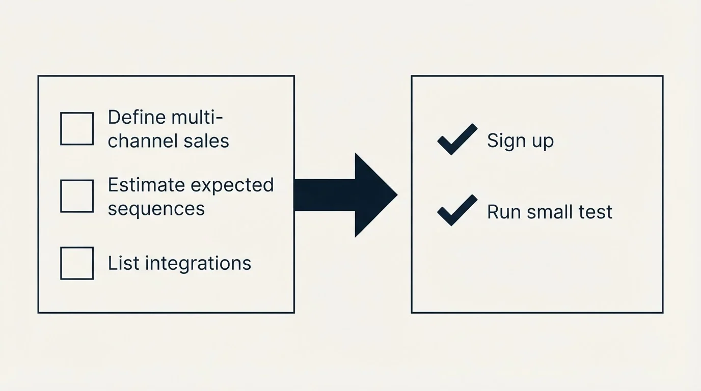 Before-and-after steps: Getting Started Checklist (Define multi-channel sales, Estimate expected sequences, List integrations, Sign up)