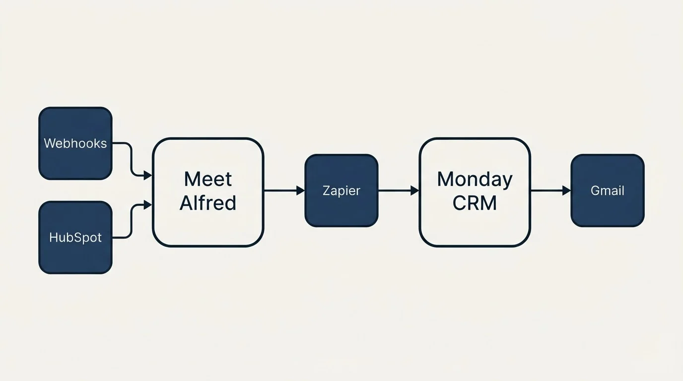 Integration schematic: Integration Ecosystem (Meet Alfred, Monday CRM, Zapier, Webhooks)
