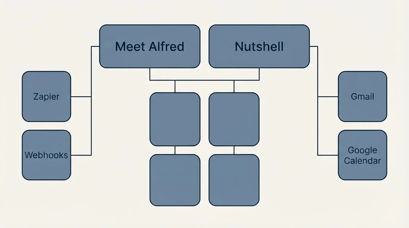 Integration grid: Integration Ecosystem (Meet Alfred, Nutshell, Zapier, Gmail)