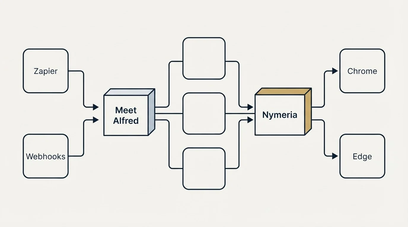 Integration flow: Integration Ecosystem (Meet Alfred, Nymeria, Zapier, Chrome)