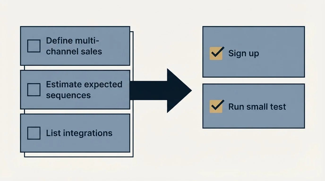 Before-and-after steps: Getting Started Checklist (Define multi-channel sales, Estimate expected sequences, List integrations, Sign up)