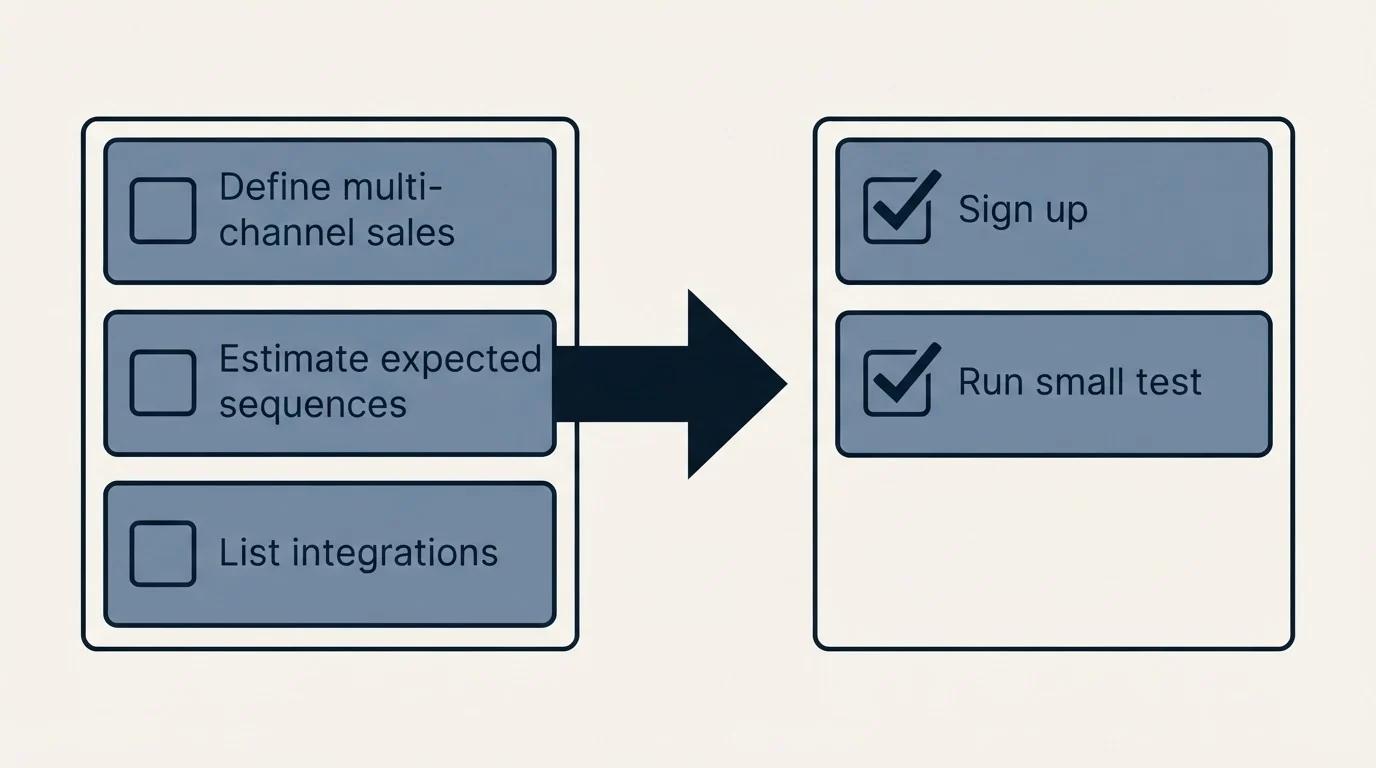 Before-and-after steps: Getting Started Checklist (Define multi-channel sales, Estimate expected sequences, List integrations, Sign up)
