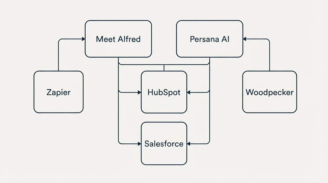 Integration grid: Integration Ecosystem (Meet Alfred, Persana AI, HubSpot, Salesforce)