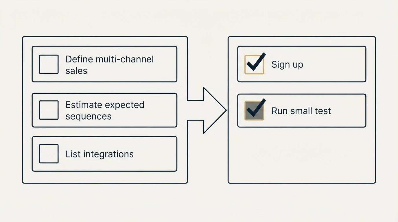 Before-and-after steps: Getting Started Checklist (Define multi-channel sales, Estimate expected sequences, List integrations, Sign up)