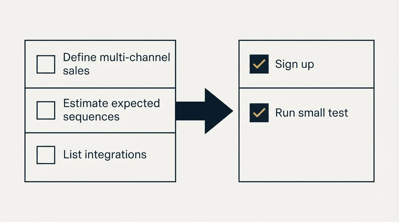 Before-and-after steps: Getting Started Checklist (Define multi-channel sales, Estimate expected sequences, List integrations, Sign up)