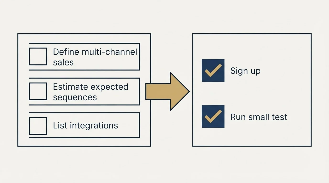 Before-and-after steps: Getting Started Checklist (Define multi-channel sales, Estimate expected sequences, List integrations, Sign up)