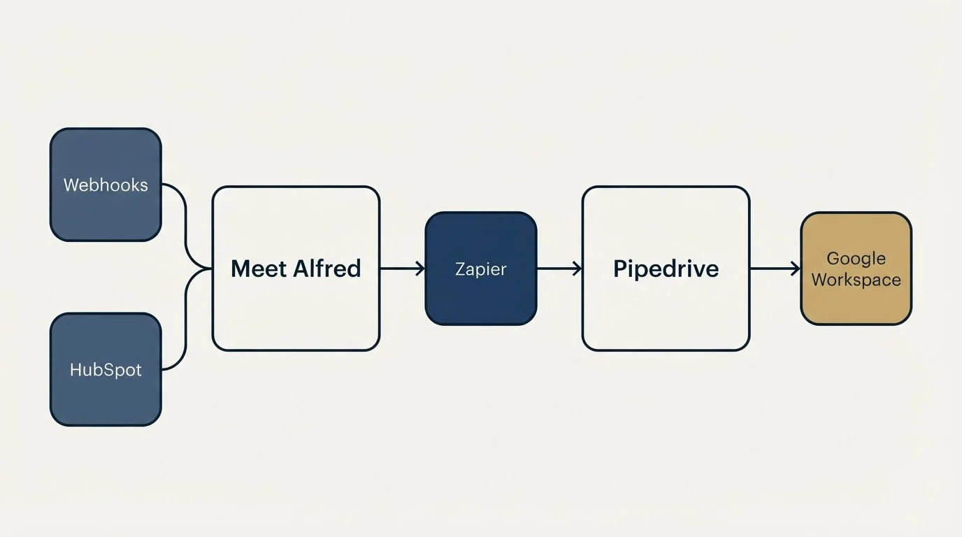Integration flow: Integration Ecosystem (Meet Alfred, Pipedrive, Zapier, Webhooks)