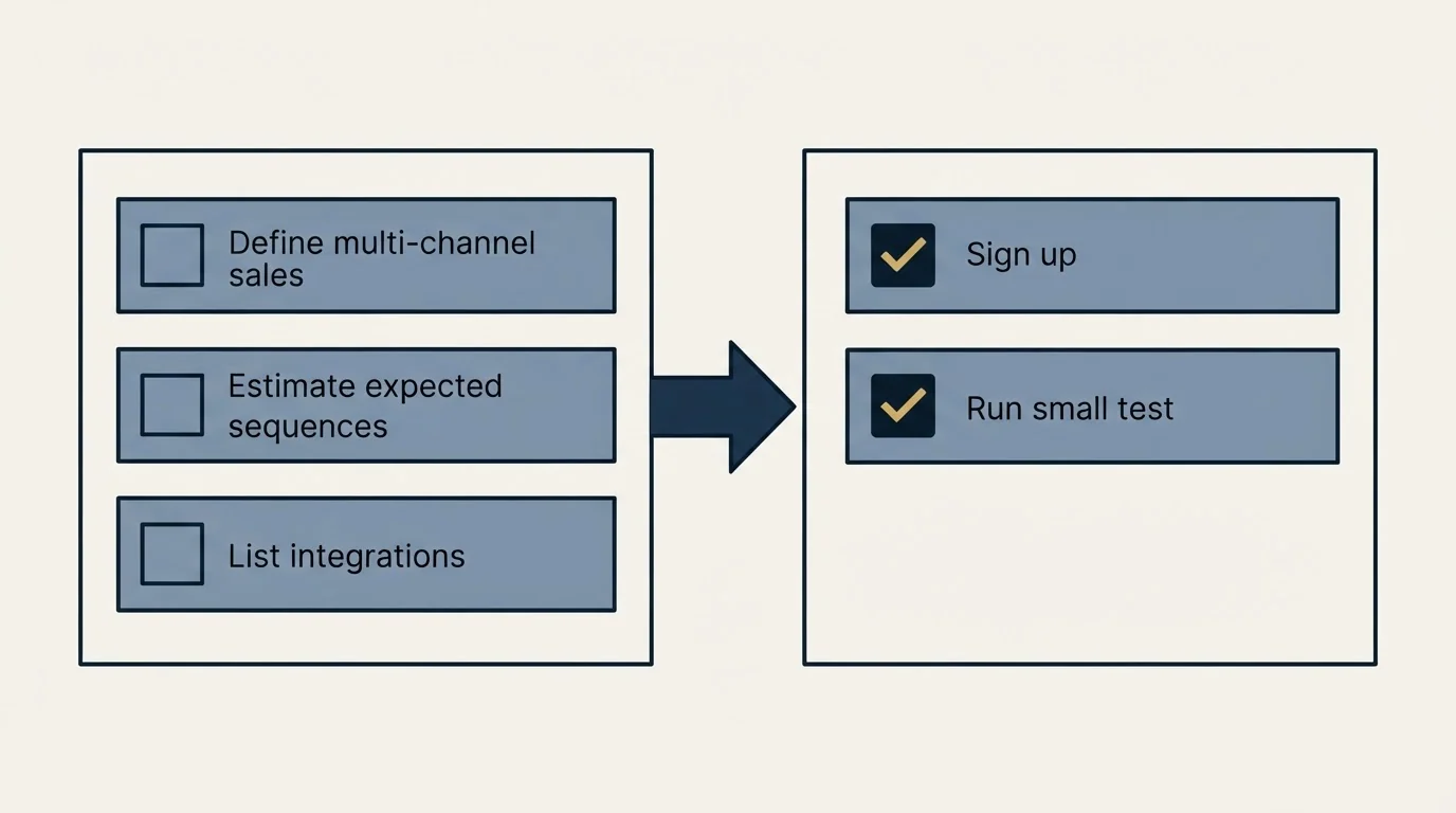 Before-and-after steps: Getting Started Checklist (Define multi-channel sales, Estimate expected sequences, List integrations, Sign up)