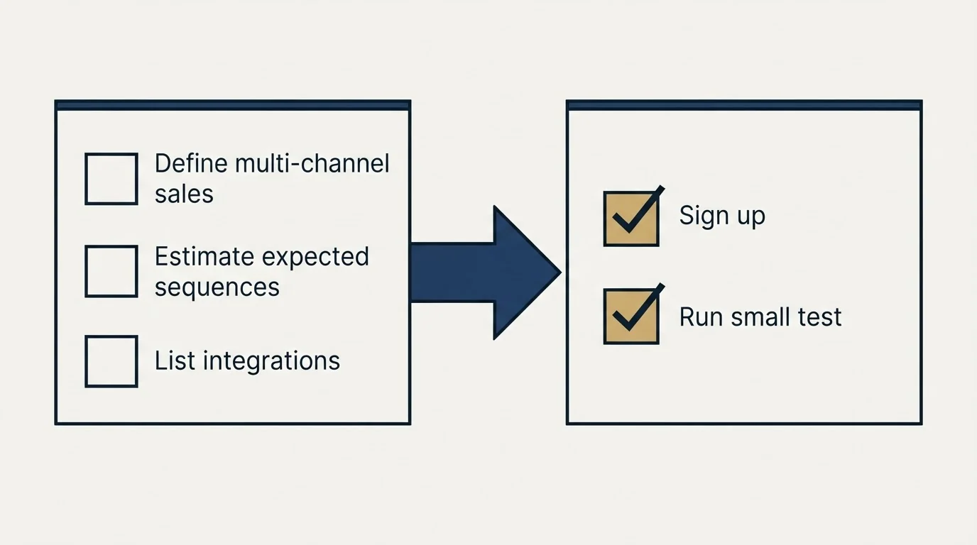 Before-and-after steps: Getting Started Checklist (Define multi-channel sales, Estimate expected sequences, List integrations, Sign up)