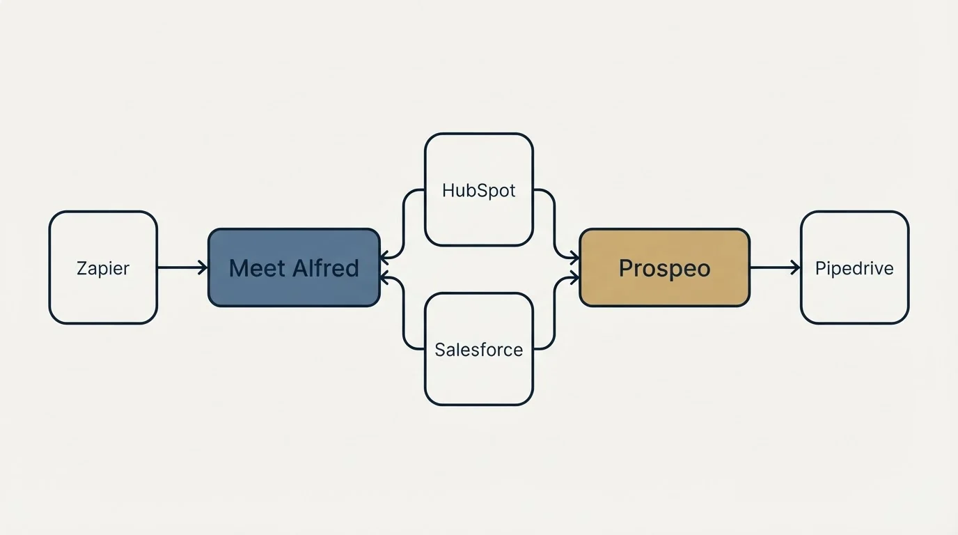 Integration schematic: Integration Ecosystem (Meet Alfred, Prospeo, HubSpot, Salesforce)