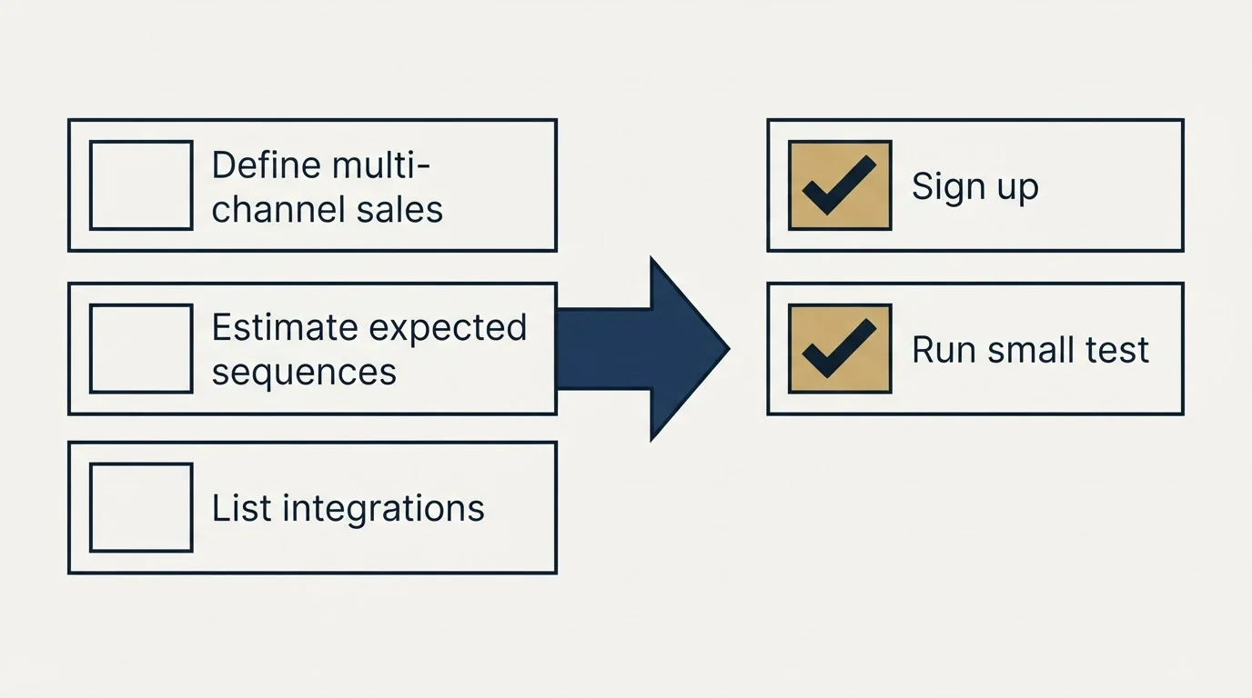 Before-and-after steps: Getting Started Checklist (Define multi-channel sales, Estimate expected sequences, List integrations, Sign up)