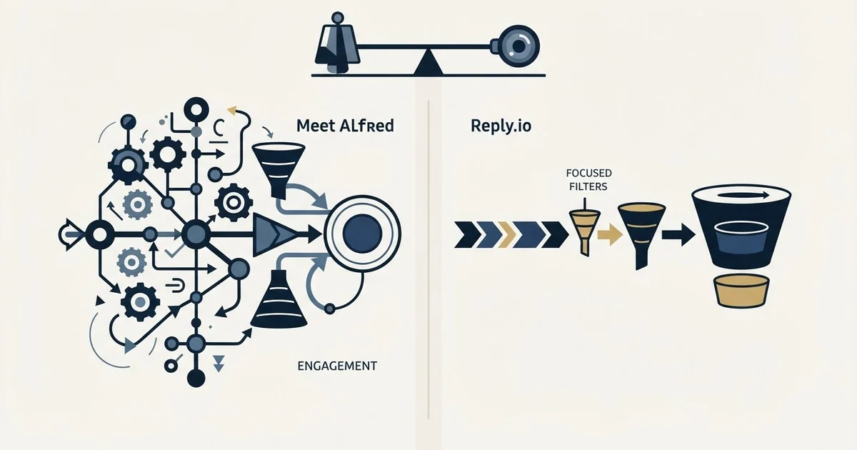 Editorial illustration for Meet Alfred vs Reply.io