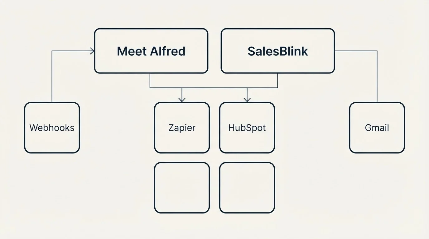 Integration grid: Integration Ecosystem (Meet Alfred, SalesBlink, Zapier, HubSpot)
