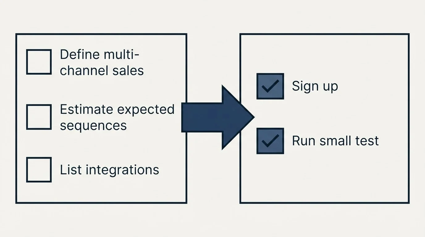 Before-and-after steps: Getting Started Checklist (Define multi-channel sales, Estimate expected sequences, List integrations, Sign up)