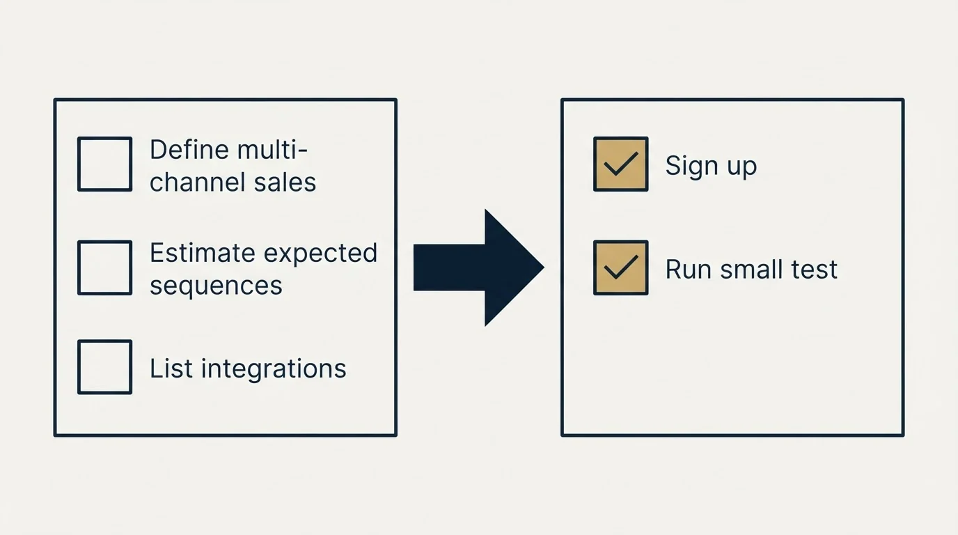 Before-and-after steps: Getting Started Checklist (Define multi-channel sales, Estimate expected sequences, List integrations, Sign up)