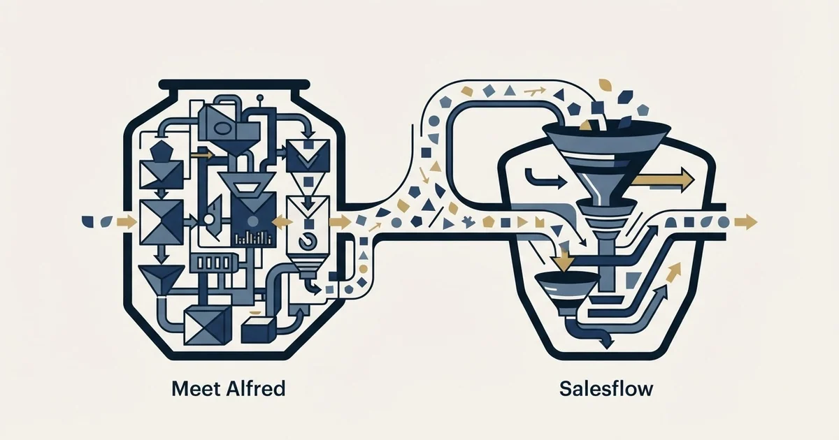 Editorial illustration for Meet Alfred vs Salesflow