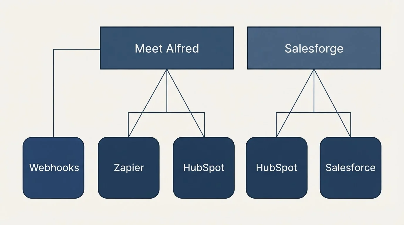 Integration grid: Integration Ecosystem (Meet Alfred, Salesforge, Zapier, HubSpot)