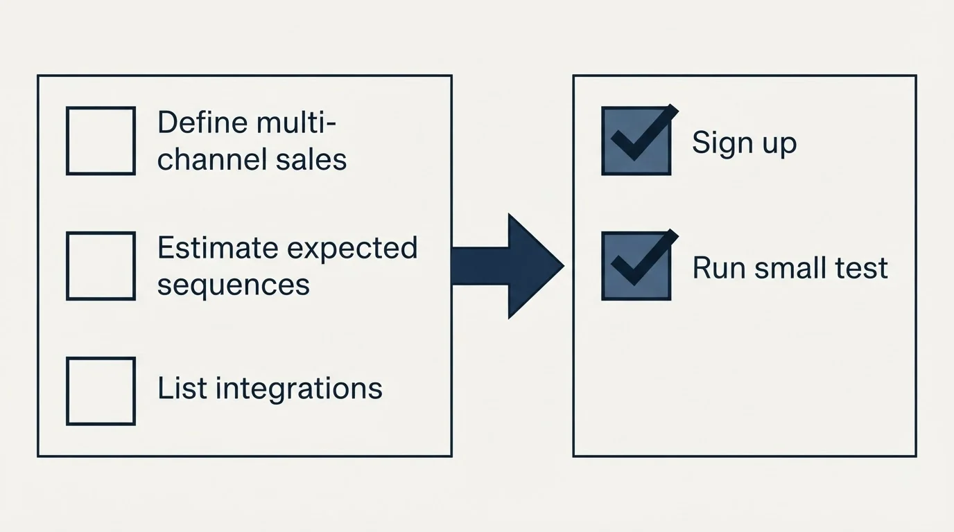 Before-and-after steps: Getting Started Checklist (Define multi-channel sales, Estimate expected sequences, List integrations, Sign up)