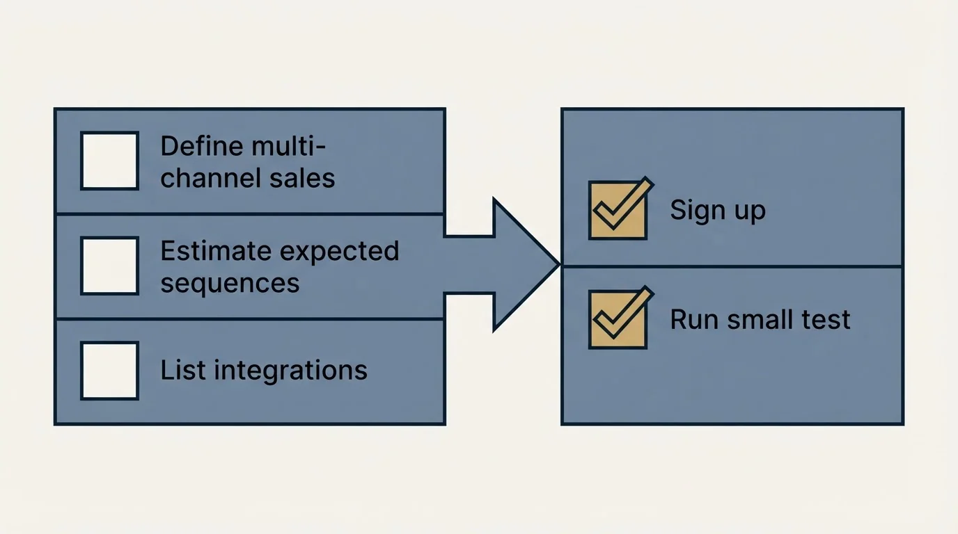 Before-and-after steps: Getting Started Checklist (Define multi-channel sales, Estimate expected sequences, List integrations, Sign up)