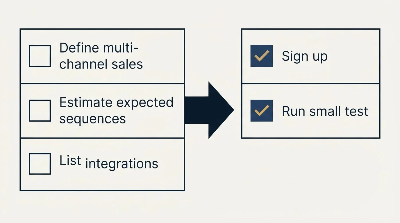 Before-and-after steps: Getting Started Checklist (Define multi-channel sales, Estimate expected sequences, List integrations, Sign up)