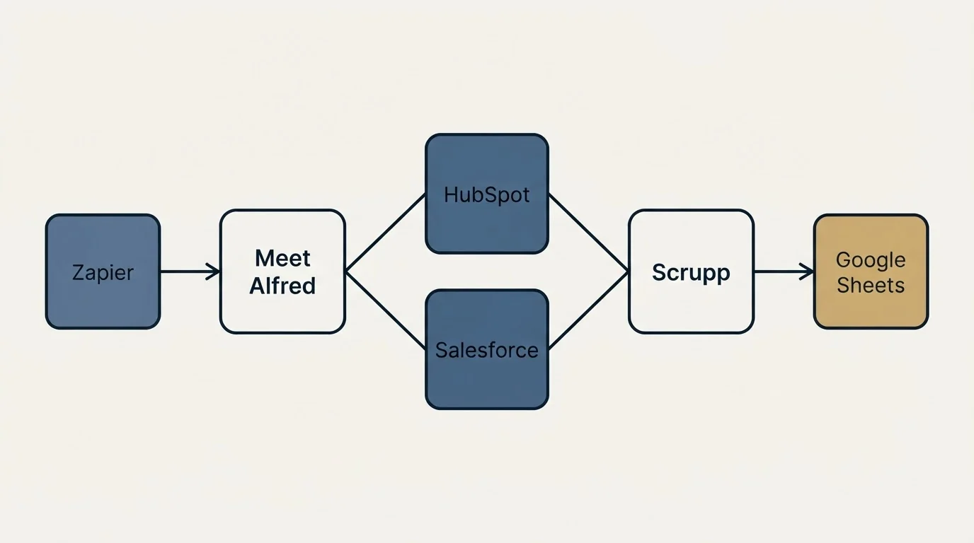 Integration schematic: Integration Ecosystem (Meet Alfred, Scrupp, HubSpot, Salesforce)