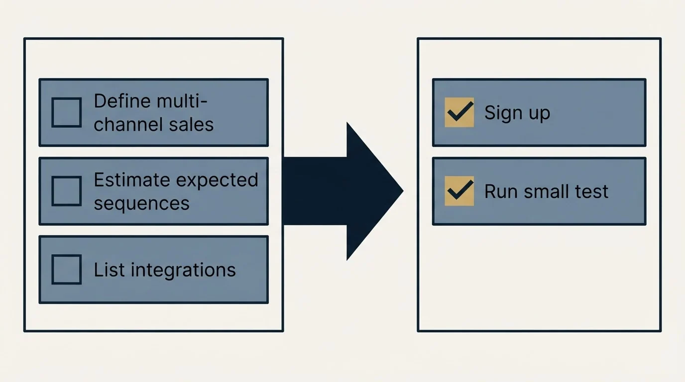 Before-and-after steps: Getting Started Checklist (Define multi-channel sales, Estimate expected sequences, List integrations, Sign up)