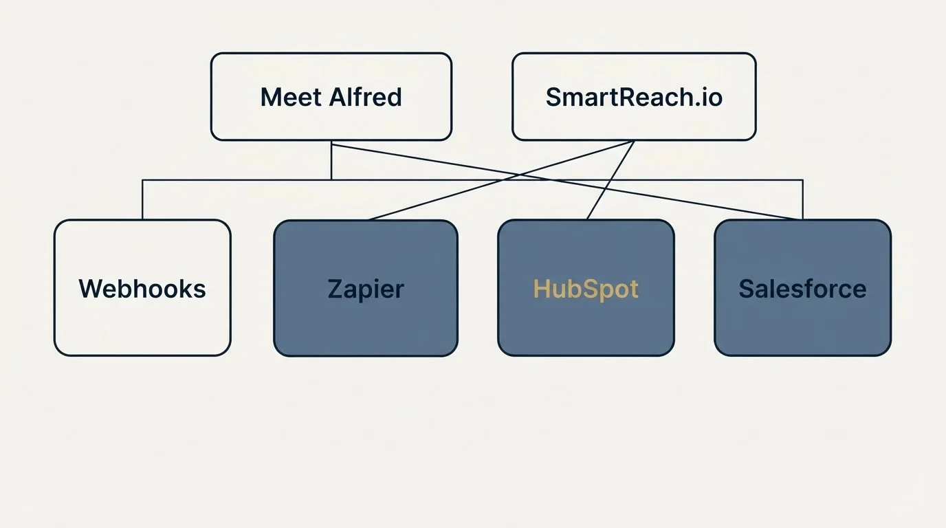 Integration grid: Integration Ecosystem (Meet Alfred, SmartReach.io, Zapier, HubSpot)