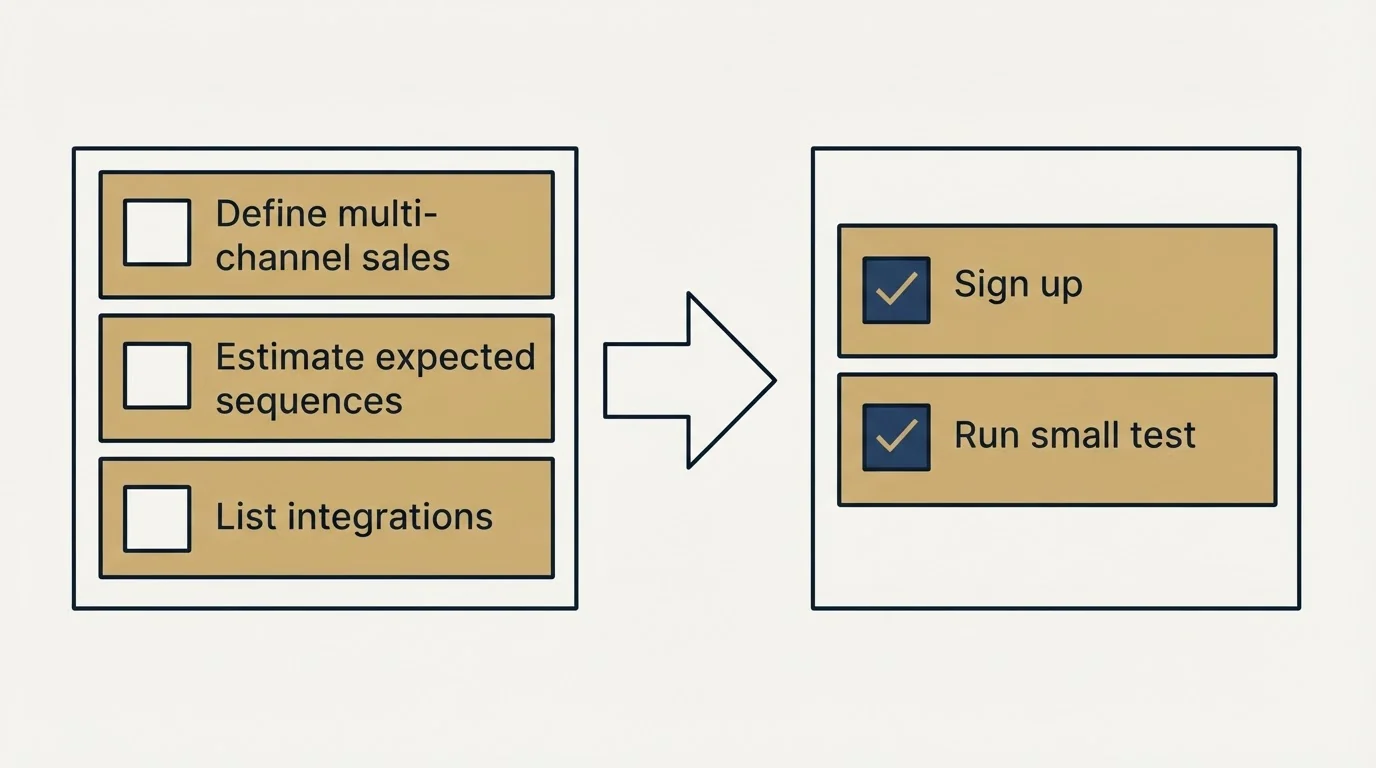 Before-and-after steps: Getting Started Checklist (Define multi-channel sales, Estimate expected sequences, List integrations, Sign up)