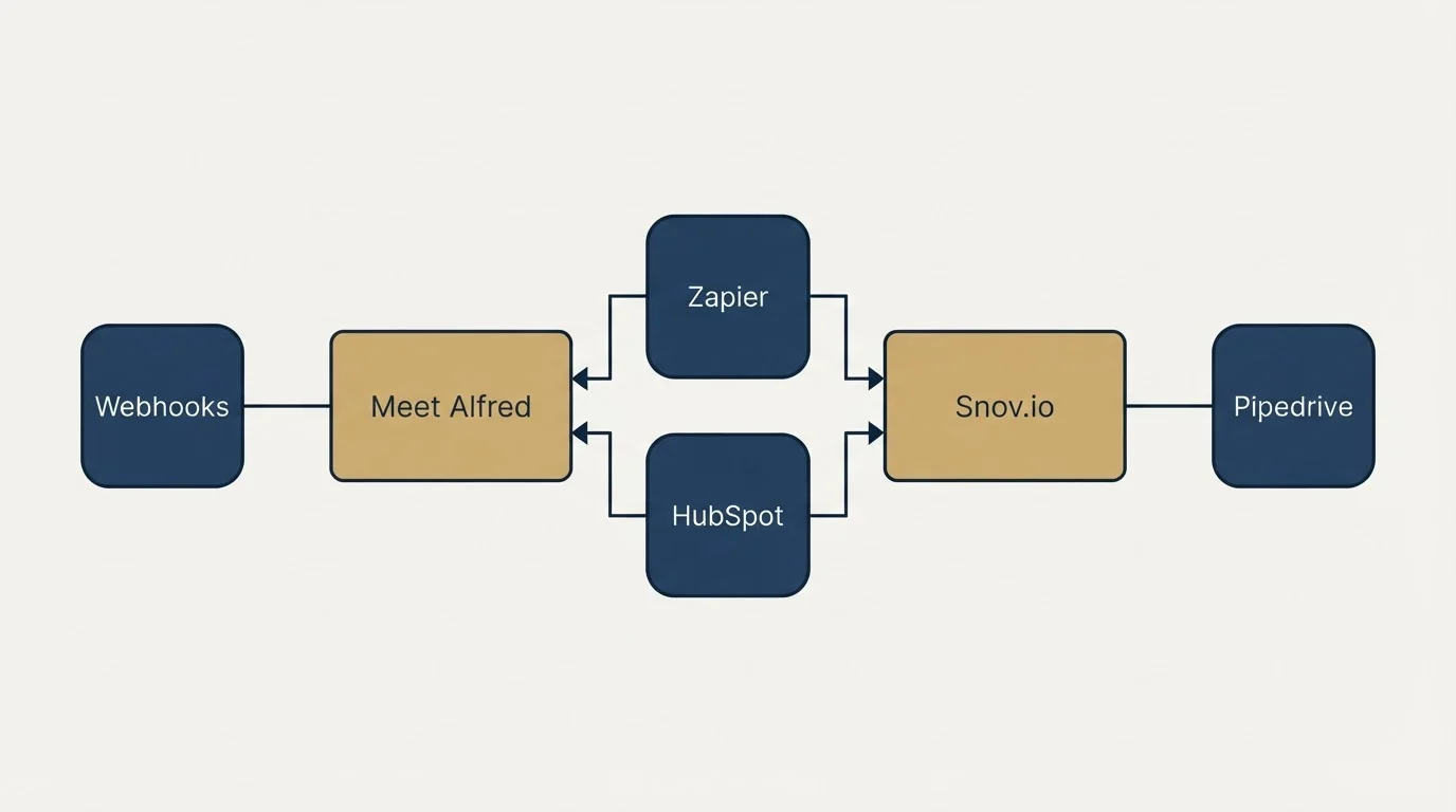 Integration flow: Integration Ecosystem (Meet Alfred, Snov.io, Zapier, HubSpot)