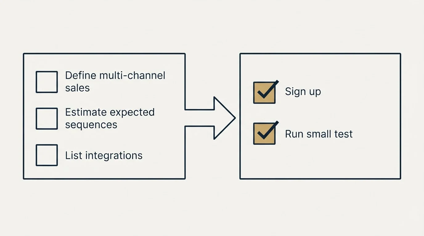 Before-and-after steps: Getting Started Checklist (Define multi-channel sales, Estimate expected sequences, List integrations, Sign up)