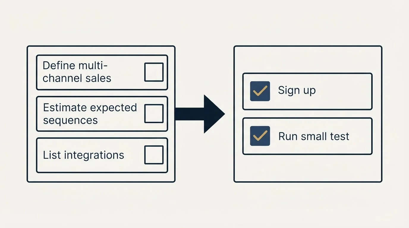 Before-and-after steps: Getting Started Checklist (Define multi-channel sales, Estimate expected sequences, List integrations, Sign up)