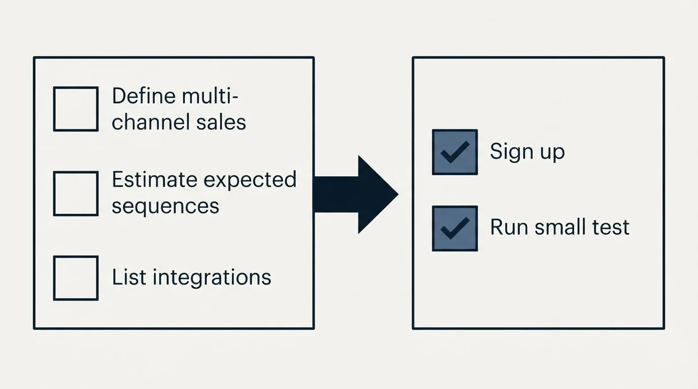 Before-and-after steps: Getting Started Checklist (Define multi-channel sales, Estimate expected sequences, List integrations, Sign up)