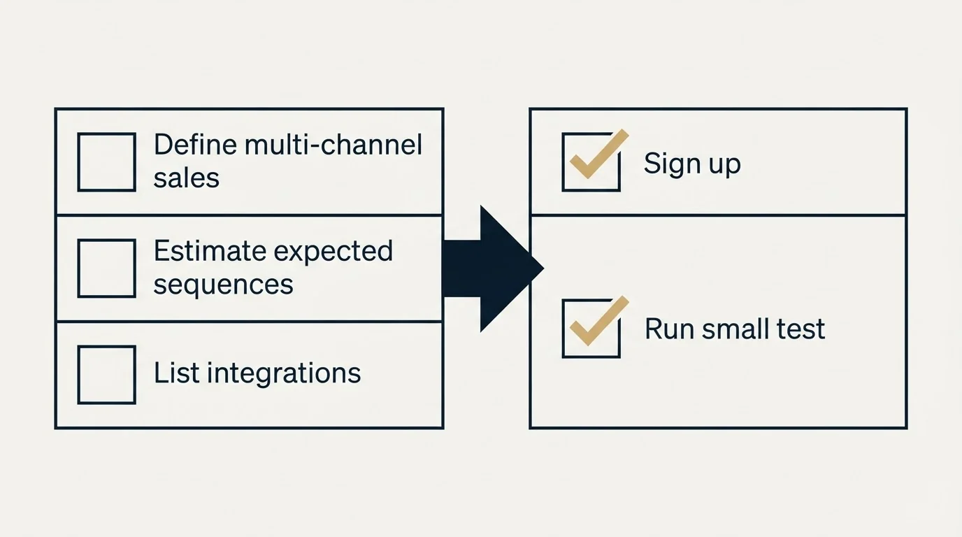 Before-and-after steps: Getting Started Checklist (Define multi-channel sales, Estimate expected sequences, List integrations, Sign up)