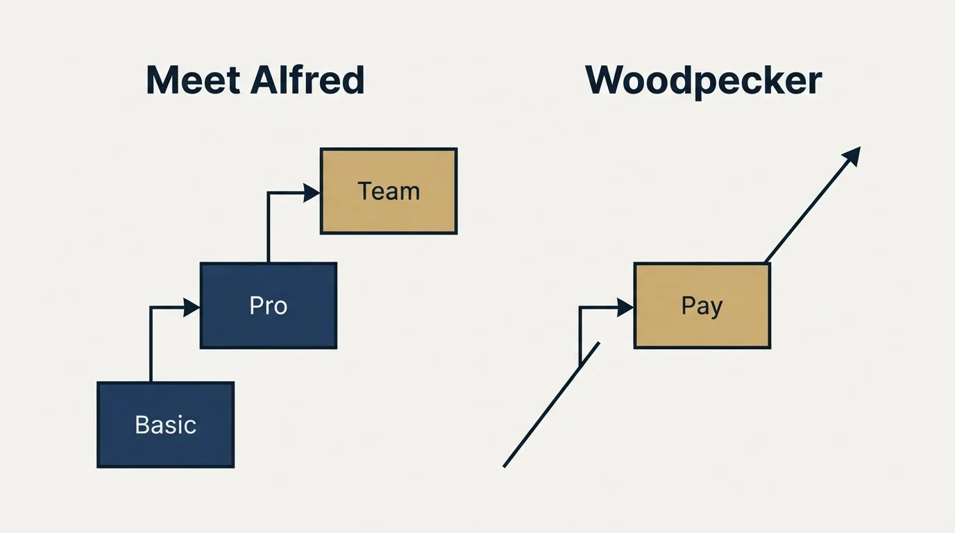 Pricing ladder: Pricing Comparison (Meet Alfred, Woodpecker, Basic, Pay)