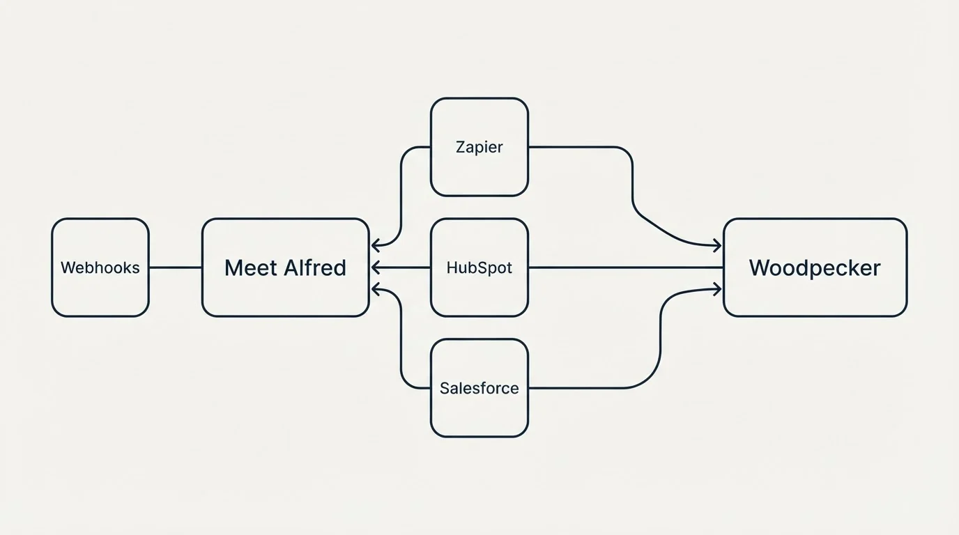 Integration schematic: Integration Ecosystem (Meet Alfred, Woodpecker, Zapier, HubSpot)