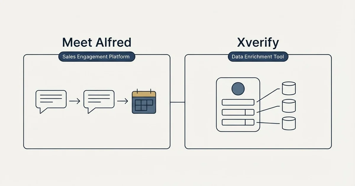 Side-by-side panels: Meet Alfred vs Xverify (Sales Engagement Platform, Data Enrichment Tool)